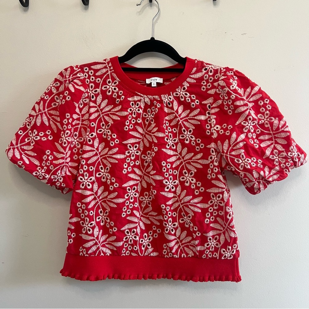 VOY Red Floral Women's Blouse Puff Sleeve Cut Outs Beach Resort Pattern Career